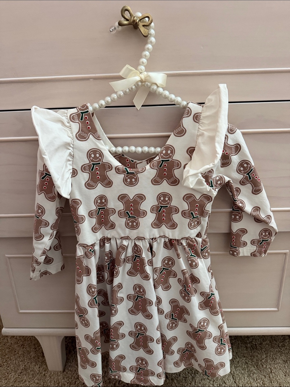 Cream Gingerbread Print Ruffle Shoulder Girls' Dress